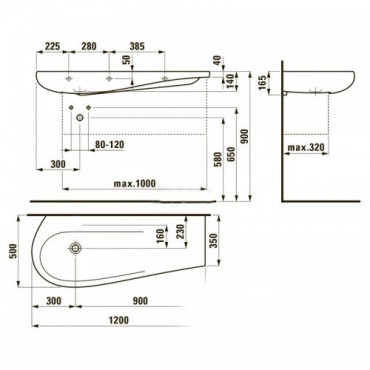 ALESSI ONE раковина 120см, з інтегр. стiлiшницею зливу, без вiдв. під змішувач, без відп. переливу, з покриттям LCC