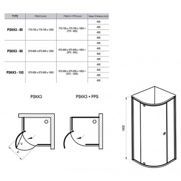 Душ. штора PSKK 3-90 transparent, Профіль білий, скло