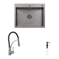 Комплект кухонна мийка Kroner Schwarze-6350HM PVD + змішувач Ersel-GRP03393BLK + дозатор Spender-SCH049