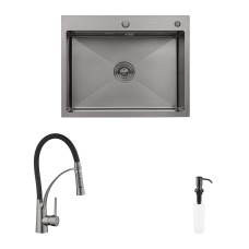Комплект кухонна мийка Kroner Schwarze-6350HM PVD + змішувач Ersel-GRP03393BLK + дозатор Spender-SCH049