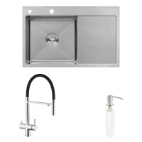 Комплект кухонна мийка Kroner Gebürstet-7849LHM + змішувач Edelstahl Klassisch-ESG03815BLK + дозатор Spender-016