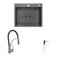 Комплект кухонна мийка Kroner Schwarze-6050HM PVD + змішувач Ersel-GRP03393BLK + дозатор Spender-026