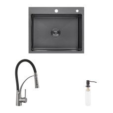 Комплект кухонна мийка Kroner Schwarze-6050HM PVD + змішувач Ersel-GRP03393BLK + дозатор Spender-026