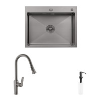 Комплект кухонна мийка Kroner Schwarze-6350HM PVD + змішувач Makon-GRP030-T + дозатор Spender-SCH049