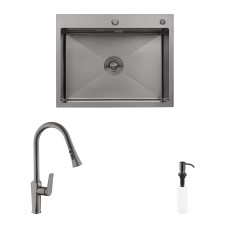 Комплект кухонна мийка Kroner Schwarze-6350HM PVD + змішувач Makon-GRP030-T + дозатор Spender-SCH049