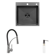 Комплект кухонна мийка Kroner Schwarze-5050HM PVD + змішувач Ersel-GRP03393BLK + дозатор Spender-026