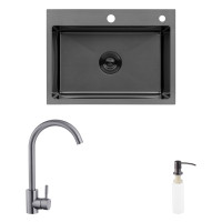Комплект кухонна мийка Kroner Schwarze-5843HM PVD + змішувач Edelstahl Klassisch-SCH035PVD + дозатор Spender-026
