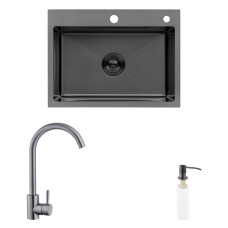 Комплект кухонна мийка Kroner Schwarze-5843HM PVD + змішувач Edelstahl Klassisch-SCH035PVD + дозатор Spender-026