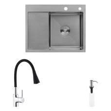 Комплект кухонна мийка Kroner Gebürstet-6350RHM + змішувач Küche-C031BLK + дозатор Spender-ECG049
