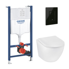Комплект 4 в 1: Інсталяція Grohe Solido 2 в 1 38971000 + Панель змиву для унітаза Grohe Even Black 38966KV0 + Унітаз безобідковий Kroner Harz WHI483632 TORNADO з сидінням Slim Duroplast / Soft-close / Quick relase KH483632WHIT (38971966KV0KH48T)