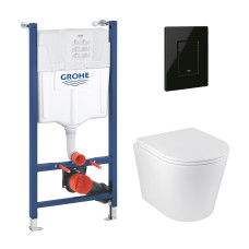Комплект 4 в 1: Інсталяція Grohe Solido 2 в 1 38971000 + Панель змиву для унітаза Even Black 38966KV0 + Унітаз підвісний безобідковий Kroner Armada WHI513636 RIMLESS з сидінням Slim Duroplast / Soft-close / Quick relase KA513636WHIR (38971966KV0KA51R)